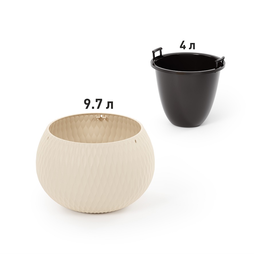 Кашпо пластм. подвесное "Жемчужина"  9,7л d 290мм h195мм, вставка 4л, металл.подвес Беж. М8723 *1/4 Кашпо пластм. подвесное "Жемчужина"  9,7л d 290мм h195мм, вставка 4л, металл.подвес Беж. М8723 *1/4
