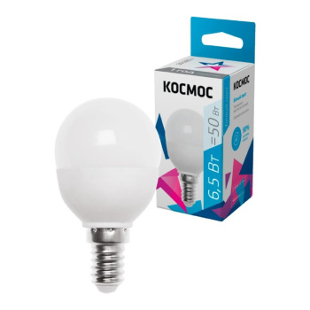 Лампа светодиодная 6,5W Е14 шар 4,5К холодный GL45 Космос BASIC LED6,5wGL45E1445 *1/10/80