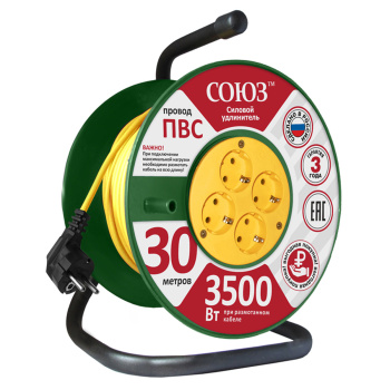 Удлинитель 4 розетки 30м с/з КАТУШКА ПВС 3*1мм2 16А мощ.нагр 3500Вт Союз 481S-3503 *1