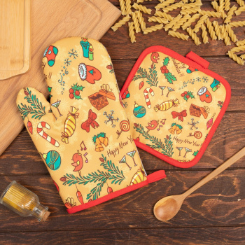 Набор прихваток Новогодние мотивы варежка-прихватка 26х16см, прихватка 17х17см Доляна*1