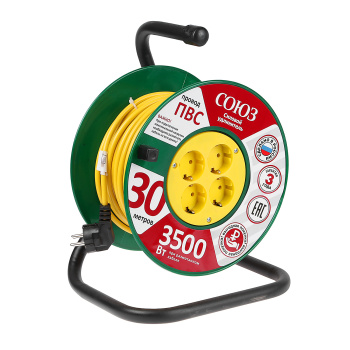 Удлинитель 4 розетки 30м с/з КАТУШКА ПВС 3*1мм2 16А мощ.нагр 3500Вт Союз 481S-3503 *1