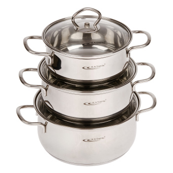 Набор кастрюль нерж. "Катунь" "Лира" 6пр.:1,6л+2,2л+3,2л термор.дно, Ст.кр. КТ-CP-001 *1/2